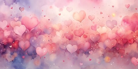 Wall Mural - A painting of many pink hearts in a blue background