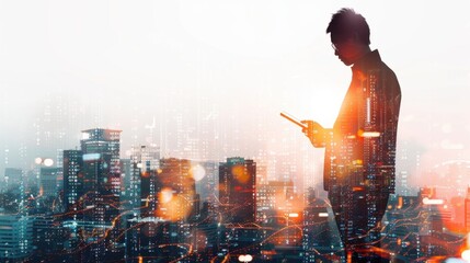 Poster - An advertisement with a digital tablet computer double exposure with a smart city, online marketing, data transfer, and global network technology.