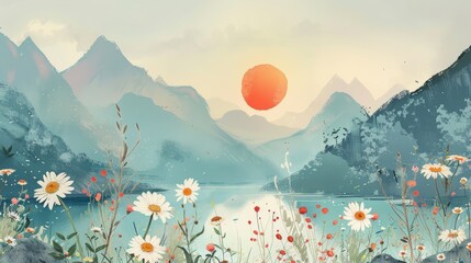 Mountain Landscape with Daisies and Sunset