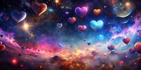 Wall Mural - A colorful galaxy with many hearts floating in the sky