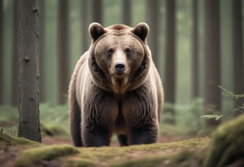 Wall Mural - A bear stood in a forest looking at the camera, shallow depth of field