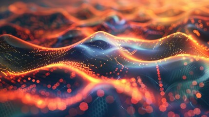 Poster - Wave of particles with gradient hologram background in digital technology.