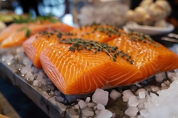 Wall Mural - Fresh Salmon Fillets on Ice Garnished with Herbs