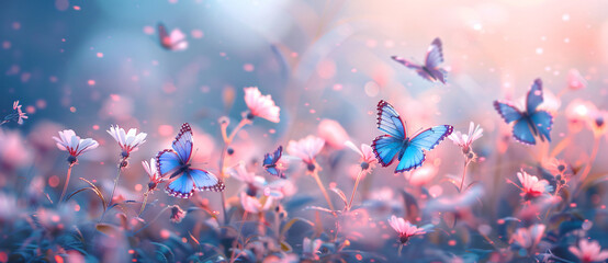 Aufkleber - Beautiful spring meadow landscape with flying blue butterflies and pink flowers on blurred pastel background, in the style of copy space concept