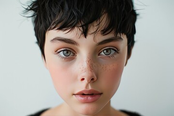 A close-up portrait of a teenage girl with short, choppy black hair styled in a pixie cut, her eyes sparkling with mischief