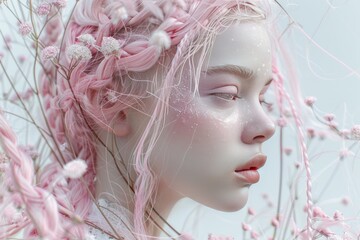 Wall Mural - A teenage girl with pastel pink hair braided into intricate patterns, her face adorned with delicate flowers