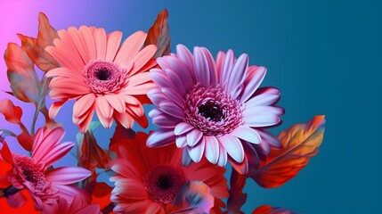 Wall Mural - Vibrant and Colorful Gerbera Daisies in Bloom Against a Soft Blue Background