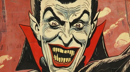 Wall Mural - Vintage comic-style vampire illustration with exaggerated smile and bright red background. Concept of horror, comic art, Halloween, fantasy