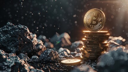 Stack of bitcoins standing on dark rocks with falling particles in the air