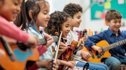 diverse group of elementary school students happily playing string instruments during music lesson