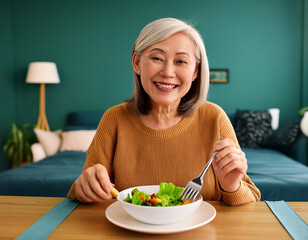 Senior woman smiling at table with healthy meal in senior care facility. Nutrition for old age