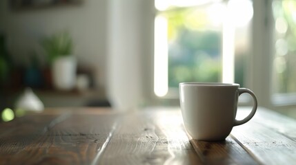 Wall Mural - A white coffee cup sits on a wooden table in a room with a window