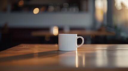 Wall Mural - A white coffee cup sits on a wooden table