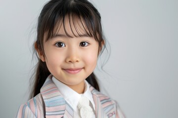 A cute Japanese girl smiles at the camera, wearing a school uniform with a jacket and white shirt, posing for a studio portrait against a white background.