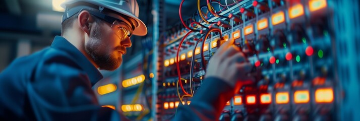 Wall Mural - electrician and engineer work on an electrical circuit with many cables for communication and data transfer