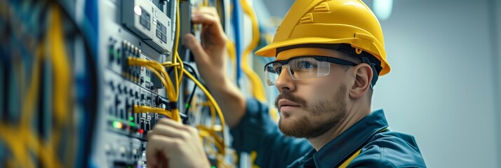 Wall Mural - electrician and engineer work on an electrical circuit with many cables for communication and data transfer