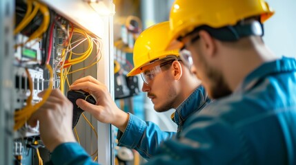 Wall Mural - electrician and engineer work on an electrical circuit with many cables for communication and data transfer