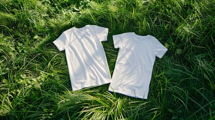 Two white t-shirts are lying on green grass on a sunny day