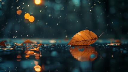 Wall Mural - A leaf is floating on a puddle of water