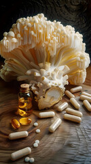 Wall Mural - overhead flat lay view of lions mane mushroom with vitamin supplement tablets