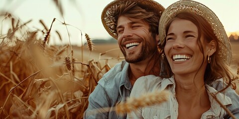 Wall Mural - Happy couple on hayride in the autumn season during the day with golden hour hues