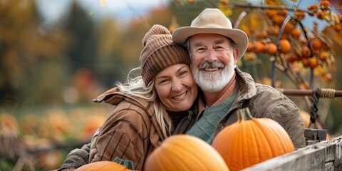 Wall Mural - Happy senior couple on hayride in the autumn season during the day with golden hour hues