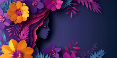 Wall Mural - Woman silhouette with flowers in paper cut style. International Women's Day, Mother's Day. Creative concept for beauty salon. Background for banner, poster, card with copy space