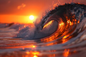 Wall Mural - Majestic Ocean Wave Illuminated by a Fiery Sunset