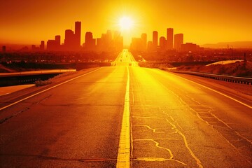 City skyline at sunset with golden road leading in, bright sun and silhouette of buildings