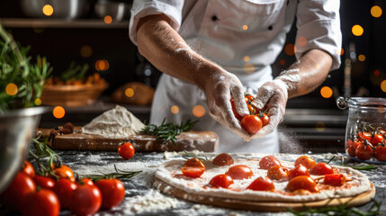 Wall Mural - A chef is making pizza in the kitchen. He sprinkles cheese on it and highlights its color with yellow powder. He uses tomatoes for decoration.