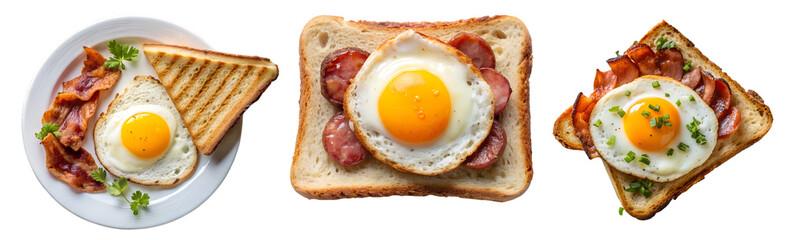 Set of toasted rye bread and egg sandwiches on a transparent background. The concept of a tasty and healthy breakfast.