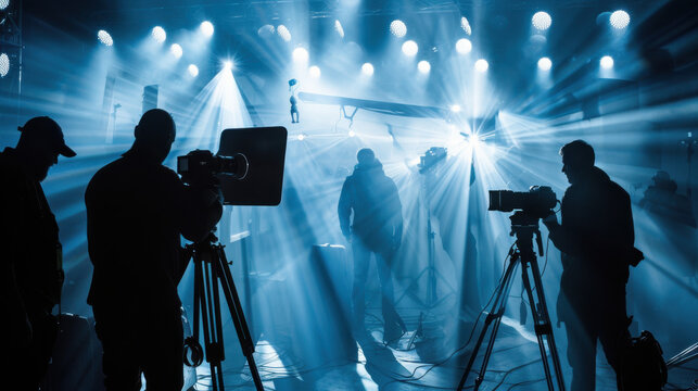 A director and film crew silhouetted against bright studio lights, preparing to film a high-budget commercial.