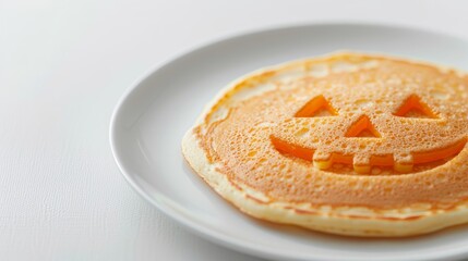 Wall Mural - Closeup of a pancake with a Halloween pumpkin face made from fruit toppings, isolated on a white background 