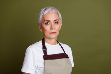 Sticker - Photo of adorable happy woman wear apron serving beverages smiling empty space isolated khaki color background