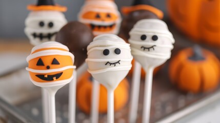 Sticker - Closeup of Halloween-themed cake pops decorated as mummies, witches, and pumpkins, arranged on a festive tray 