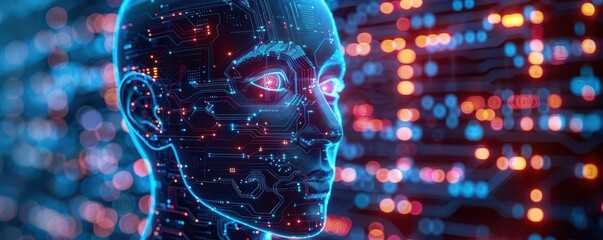 Digital human head with intricate circuit patterns, glowing neon blue theme, futuristic and hightech, concept of AI and technology