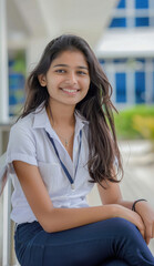 Wall Mural - indian female student sitting in a modern luxury school