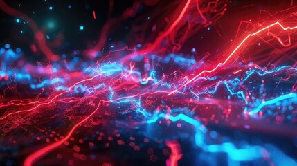 Wall Mural - The air crackles with energy as vibrant red and blue neon lights create a dynamic and futuristic scene, pulsating with intensity and casting a mesmerizing glow over the abstract background.