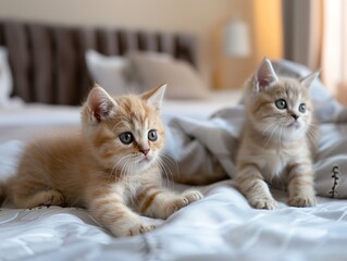 Two cute kittens lying on a bed, Generative AI