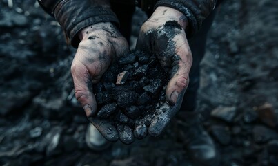 Close-up of Dirty Hands Holding Black Coal in Dark, Industrial Color Scheme