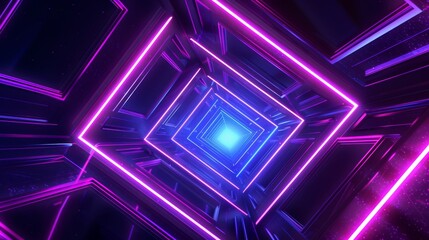 Poster - The illusion of a purple grid on a perspective floor is accompanied by an abstract neon light background which is created using 3D technology. An abstract flight is observed in a retro neon hyper