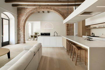 Poster - modern interior with big arch seperating kitchen and lioving room 