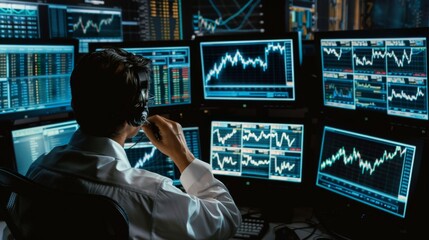 Aufkleber - A trader analyzing a stock market graph on multiple computer monitors in a dark room.