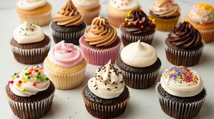 Poster - A variety of gourmet cupcakes with different frosting designs and sprinkles.