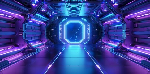 Poster - Stunning futuristic door with blue light neon view. Space future technology sci-fi background.