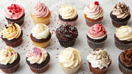 Poster - A variety of gourmet cupcakes with different frosting designs and sprinkles.