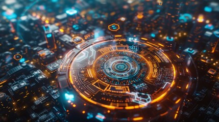 Poster - Stylish orange lights and intricate patterns illuminate this futuristic digital interface for tech concepts and sci-fi themes.
