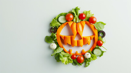 Canvas Print - Wide angle of a salad with ingredients arranged to form a Halloween pumpkin face, isolated on a white background 