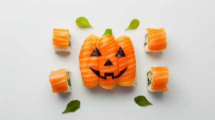 Sticker - Wide angle of sushi rolls arranged to form a Halloween pumpkin face, isolated on a white background 