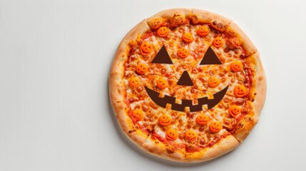 Canvas Print - Wide angle of a pizza with toppings arranged to form a Halloween pumpkin face, isolated on a white background 